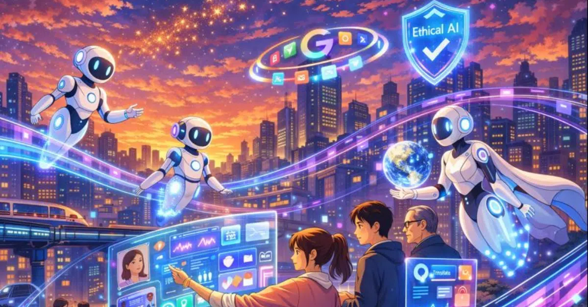 Futuristic city with friendly AI robots collaborating with people, glowing data streams, Google-style icons and an Ethical AI shield, symbolizing AI trends 2026.