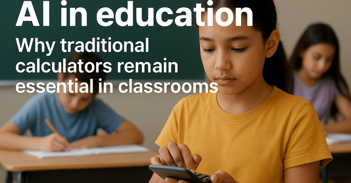 Student in a classroom using a handheld calculator, with large headline text that reads “AI in education – Why traditional calculators remain essential in classrooms.”