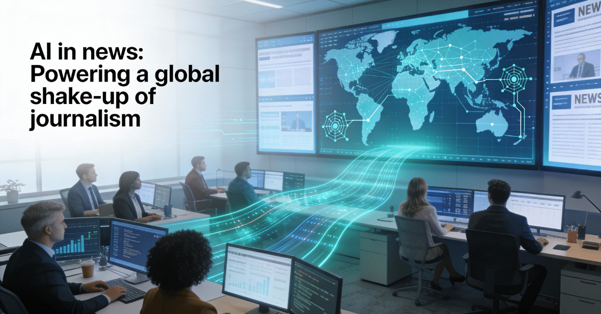 AI in news powering a global shake-up of journalism in a high-tech digital newsroom with diverse journalists and AI data screens.