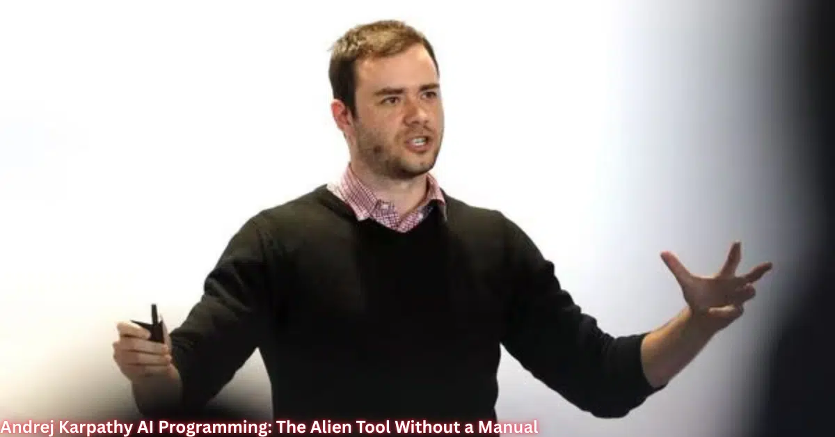 AI researcher presenting on artificial intelligence programming concepts with expressive hand gestures during a tech talk.