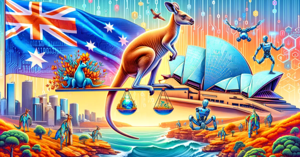 ymbolic illustration of Australia’s AI future featuring a kangaroo balancing scales of nature and technology, the Australian flag, Sydney Opera House, robots, and digital data streams.
