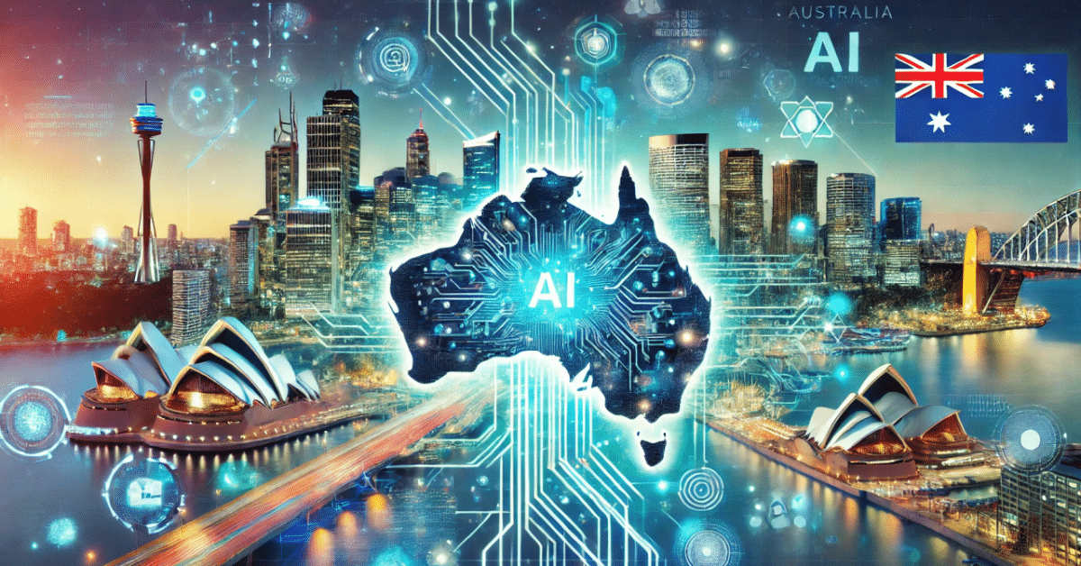 Futuristic illustration of Australia’s AI ecosystem showing the map of Australia glowing with AI circuitry, Sydney skyline landmarks, and digital governance symbols representing responsible AI design.
