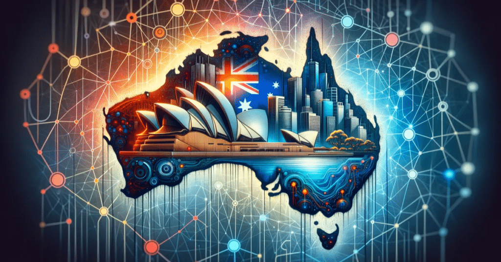 Stylized map of Australia featuring the Sydney Opera House, modern city skyline, and Australian flag, interconnected by glowing digital networks symbolizing AI-driven public sector transformation.