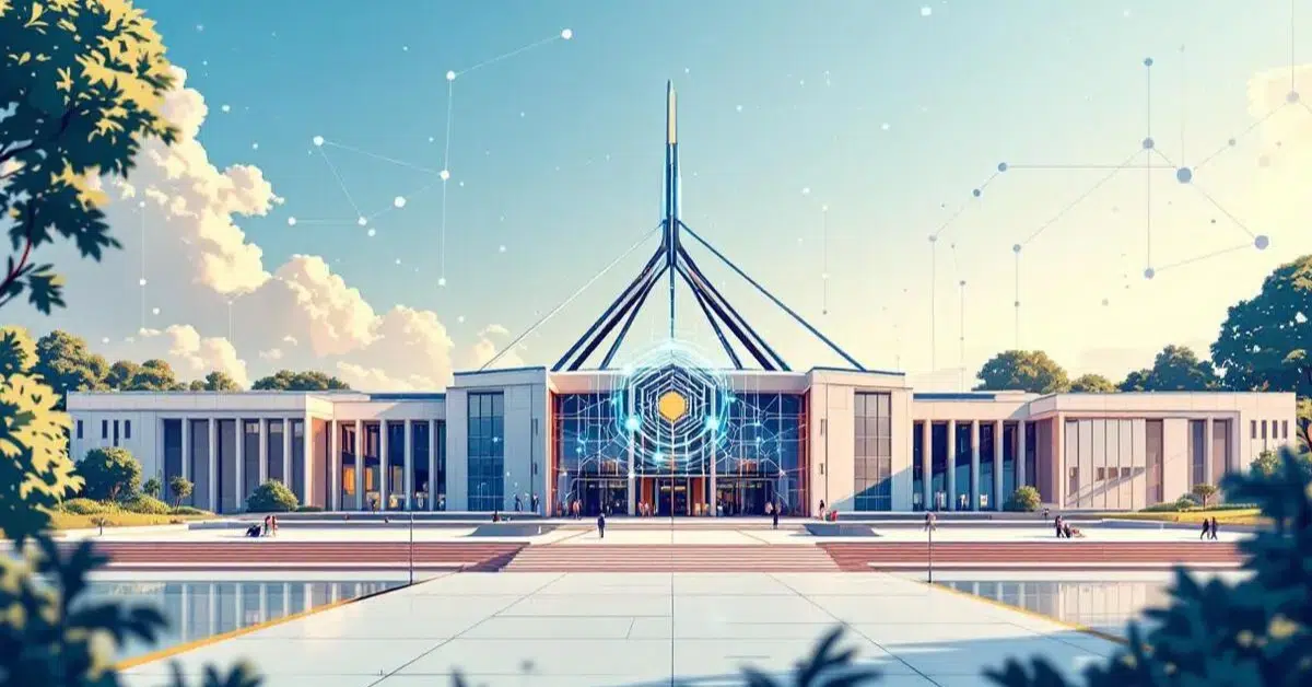 Futuristic illustration of Australia’s Parliament House enhanced with AI holograms, symbolizing public sector digital transformation and smarter government services.