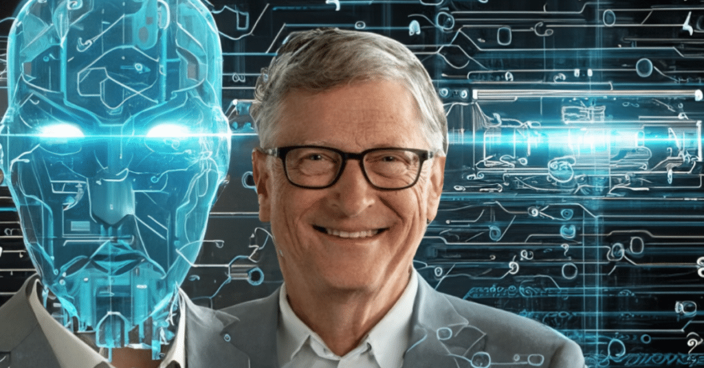Elderly man in a suit standing beside a glowing blue humanoid AI face against a futuristic digital circuit background.