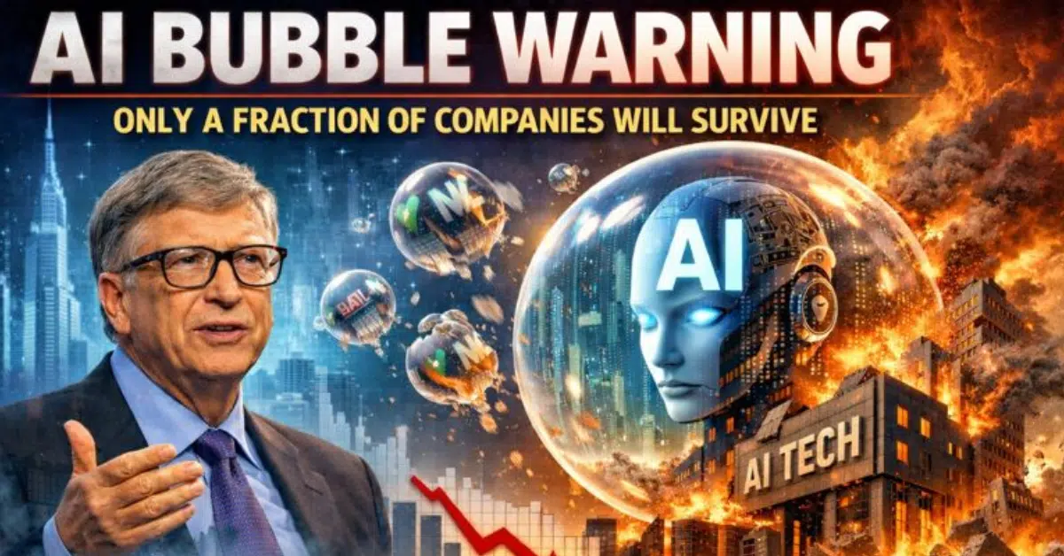 AI bubble warning artwork showing a blurred tech leader in front of exploding AI tech buildings and floating bubbles labeled with AI companies, with the tagline “Only a fraction of companies will survive
