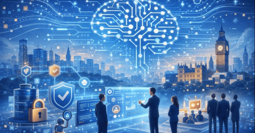 Futuristic illustration of London with a glowing AI brain above the skyline, business leaders reviewing digital dashboards, and security icons symbolising trusted, regulated AI innovation.