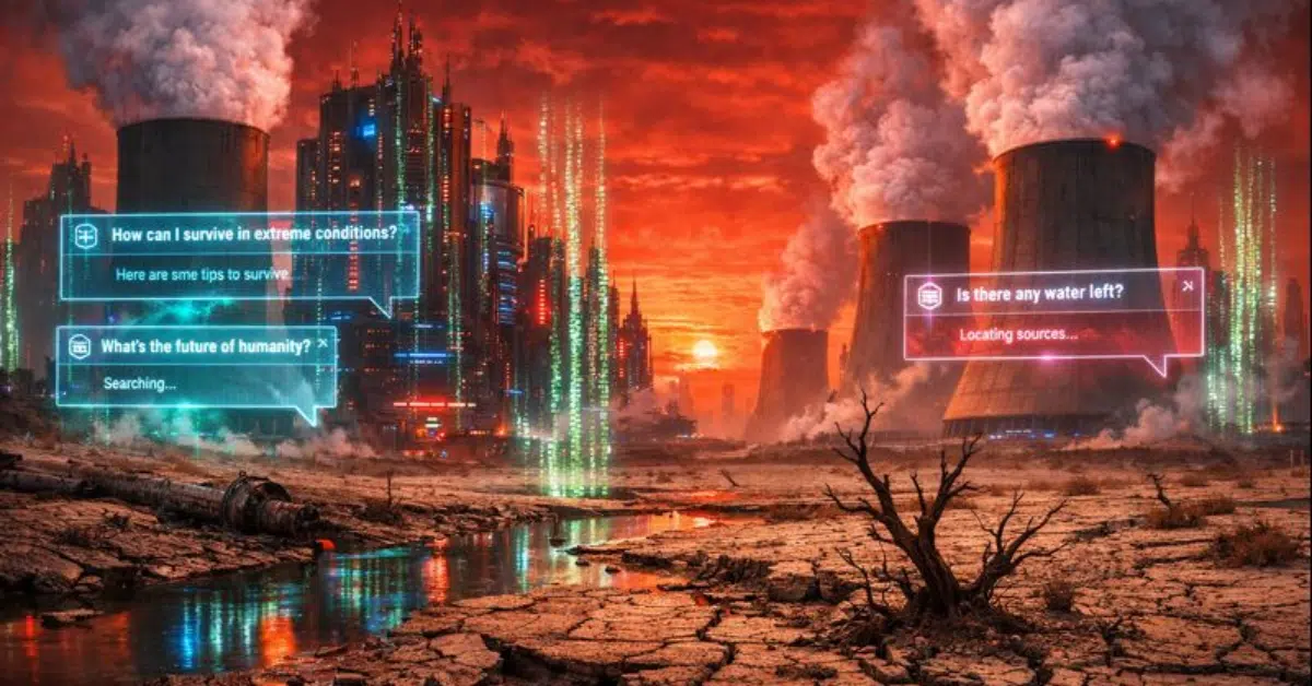 Futuristic dystopian city of AI data centers emitting smoke beside cracked, dried riverbeds, with glowing chat windows asking about survival, humanity’s future, and whether any water is left.