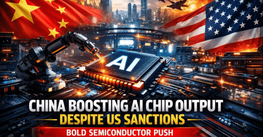 A dramatic illustration shows an oversized AI chip on a glowing circuit board being assembled by a robotic arm, with Chinese and US flags in the background and fab workers monitoring advanced systems. The image symbolizes China boosting AI chip output despite US sanctions, highlighting the AI semiconductor race, geopolitical tension, and the battle for dominance in next-generation AI hardware.