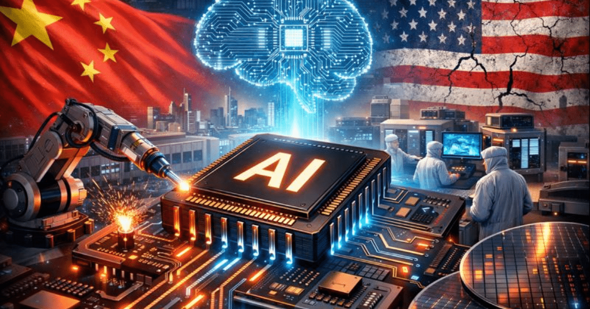 China boosting AI chip output with robotic fabrication, AI chip on circuit board, and China–US flags symbolizing tech rivalry.