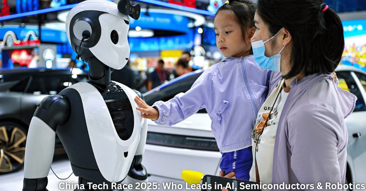 Child and mother interact with a humanoid robot at a technology exhibition in China, showcasing advances in AI and robotics in 2025.