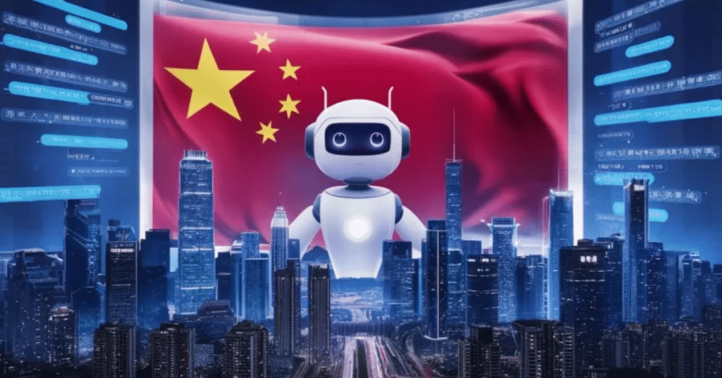 Futuristic illustration of a friendly humanoid AI robot standing above a modern Chinese city skyline, with a large Chinese national flag displayed on a digital screen behind it, symbolizing China’s AI governance ambitions.