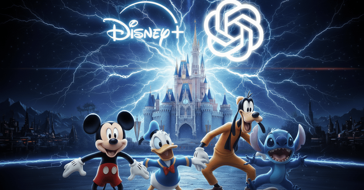 Disney+ and OpenAI logos glowing above a magical castle as Mickey Mouse, Donald Duck, Goofy, and Stitch stand together amid electric blue energy.