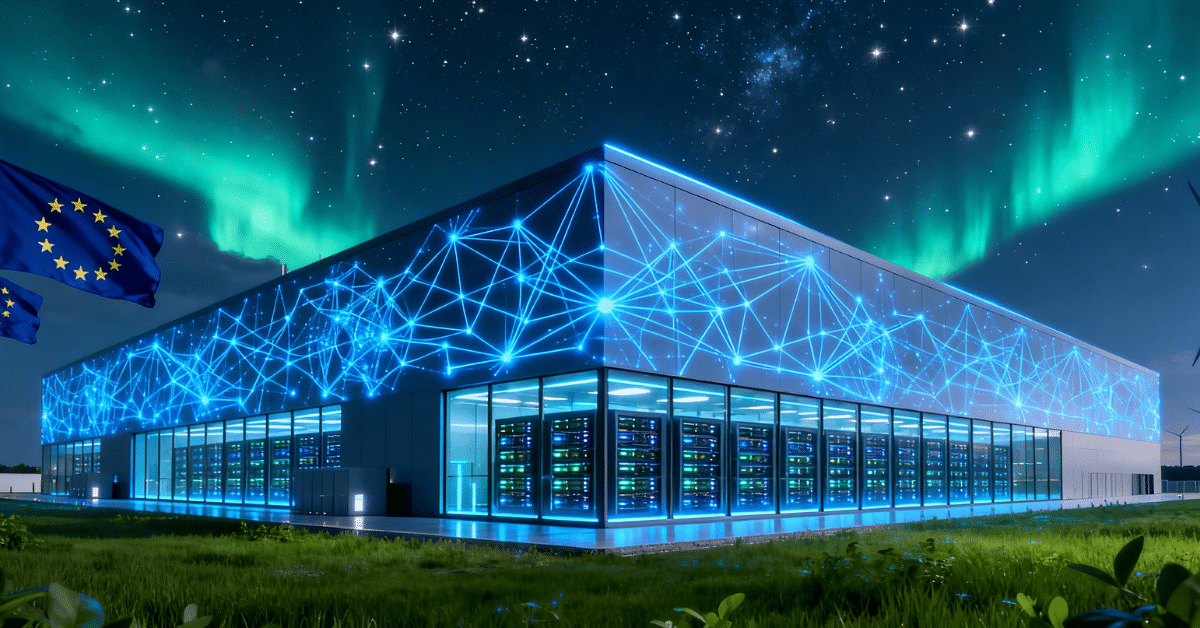 EU AI Gigafactories 2026 feature image: futuristic data center with glowing AI neural networks, EU flags and green wind turbines under dramatic night sky