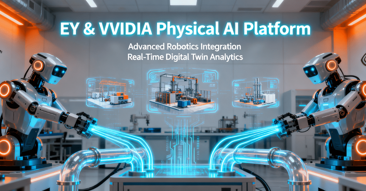 EY and NVIDIA physical AI platform in a futuristic lab with two robots managing glowing pipelines, holographic digital twins of factory cells, and real-time analytics overlays