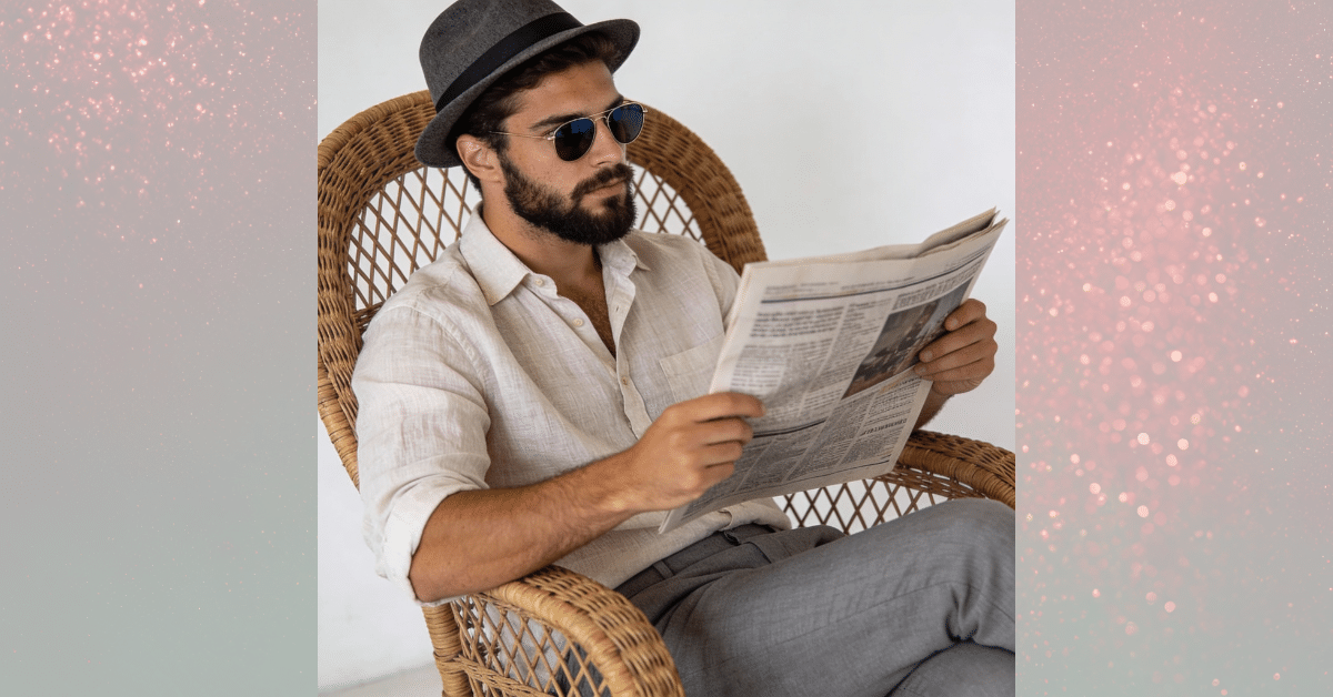 Stylish man in late 20s with beard sitting in wicker chair holding newspaper, edited with Google Gemini AI photo editing prompts