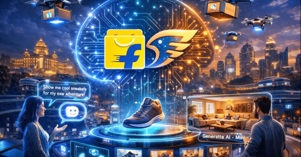 Futuristic illustration of Flipkart’s Minivet AI acquisition showing holographic 360-degree product videos, conversational AI shopping, and delivery drones over Bengaluru’s skyline.