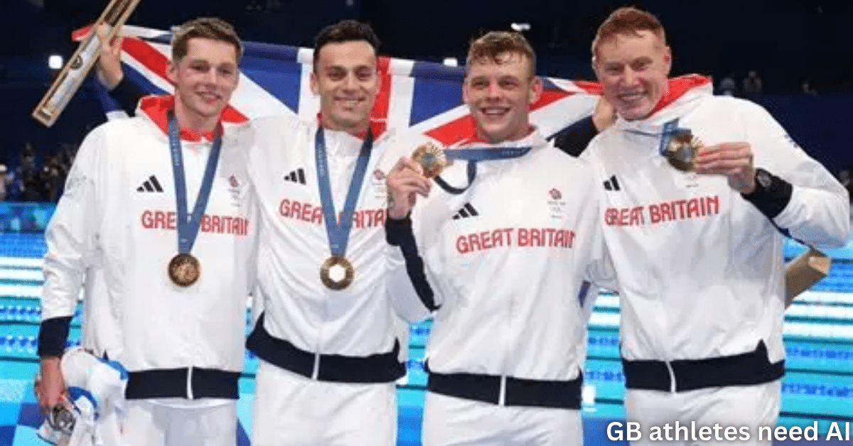 Four Great Britain athletes wearing white team jackets celebrate with gold medals, holding a Union Jack flag behind them at an indoor sporting arena.