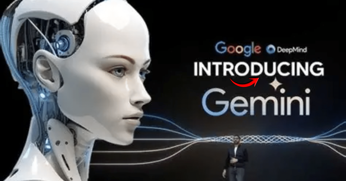 Futuristic humanoid robot next to a Google DeepMind presentation screen introducing Gemini AI with flowing digital data lines.