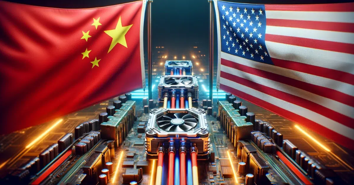 "Chinese and US flags facing each other above a glowing circuit board filled with high-performance AI chips and cooling systems, symbolizing the technological rivalry between China and the United States in artificial intelligence."