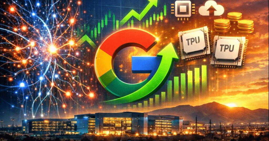 Google AI news December 2025 showing glowing neural networks, Gemini AI advancements, rising Alphabet stock arrows, and TPU chip demand over Silicon Valley data centers.