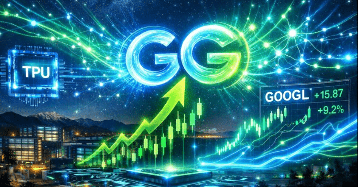 Futuristic visualization of Google AI growth showing Gemini AI neural networks, TPU chips, and rising Alphabet stock charts glowing in blue and green over Silicon Valley data centers at night.
