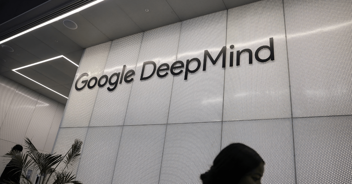 Google DeepMind new AI research lab UK: futuristic DeepMind automated research lab with robotics, Gemini AI integration, glowing superconductor materials discovery.