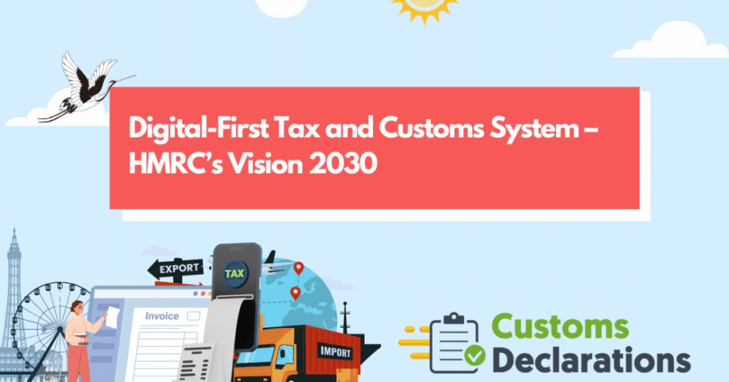 Illustration showing HMRC’s digital-first tax and customs system vision for 2030 with online tax, imports, exports, and customs declarations.
