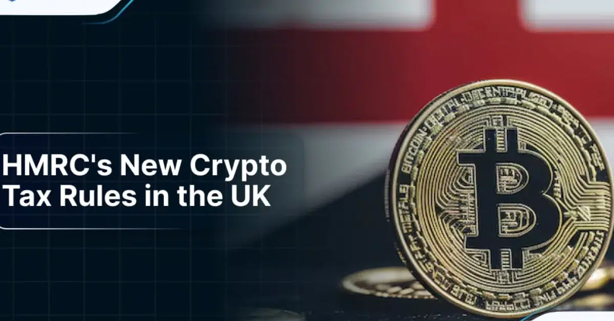 Bitcoin coin in front of a blurred UK flag illustrating HMRC’s new cryptocurrency tax rules in the United Kingdom.