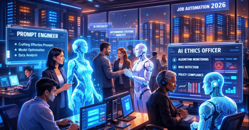 Futuristic 2026 office where diverse professionals collaborate with holographic AI agents, showcasing prompt engineering and AI ethics roles amid glowing server farms.