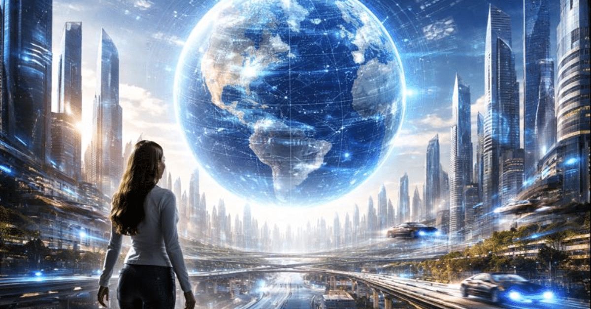 A woman overlooks a futuristic smart city as a glowing holographic Earth floats above skyscrapers, symbolizing a connected AI-driven global future.