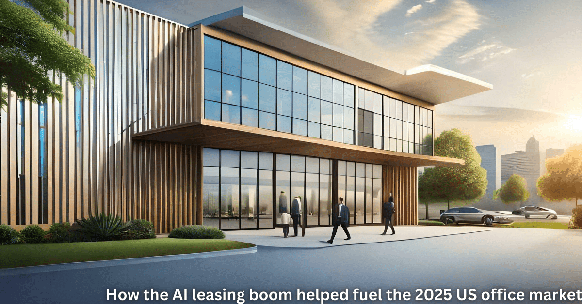 Modern glass office building with people entering, symbolizing how the AI leasing boom boosted the 2025 US office market.