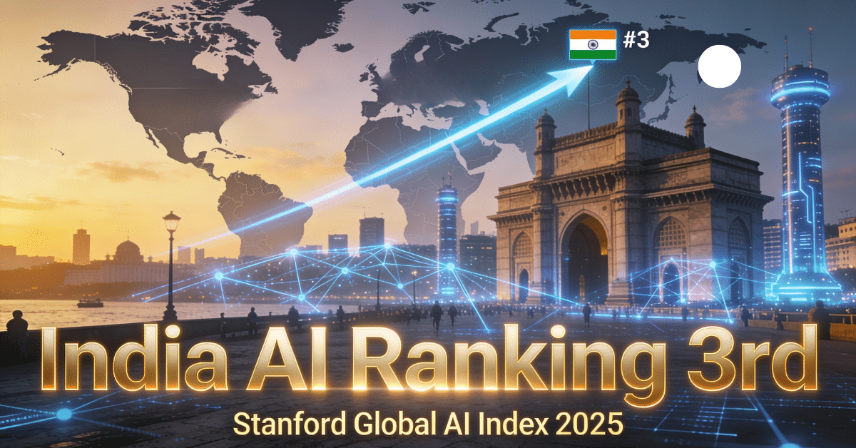 India AI ranking 3rd in Stanford Global AI Vibrancy Index 2025 with futuristic Indian city skyline, glowing neural networks and flags of India