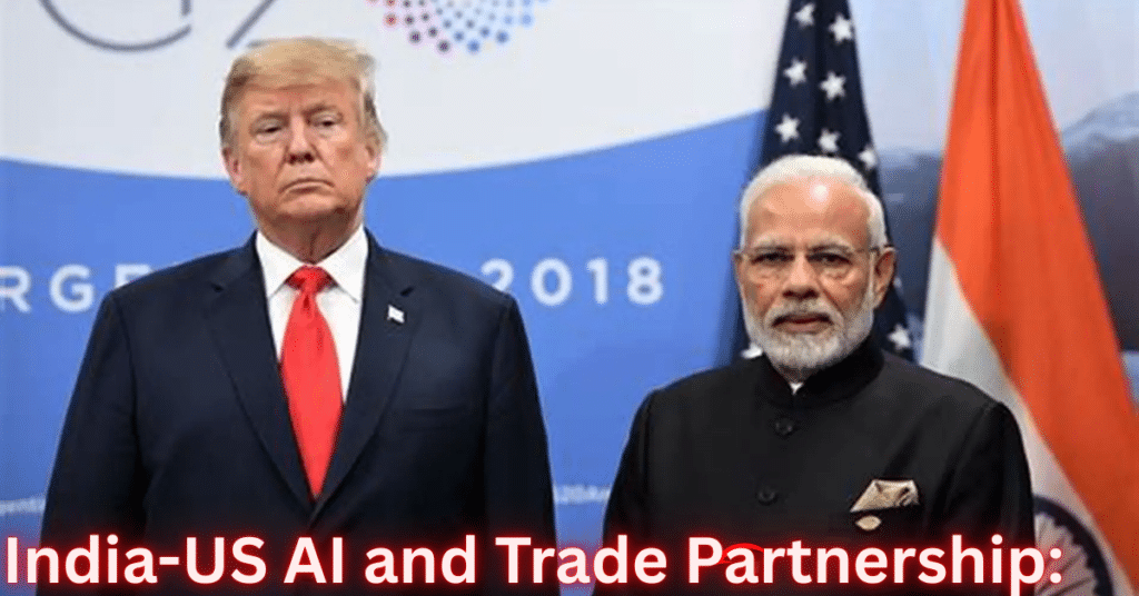 Leaders of the United States and India standing side by side at an international summit, with US and Indian flags visible in the background.