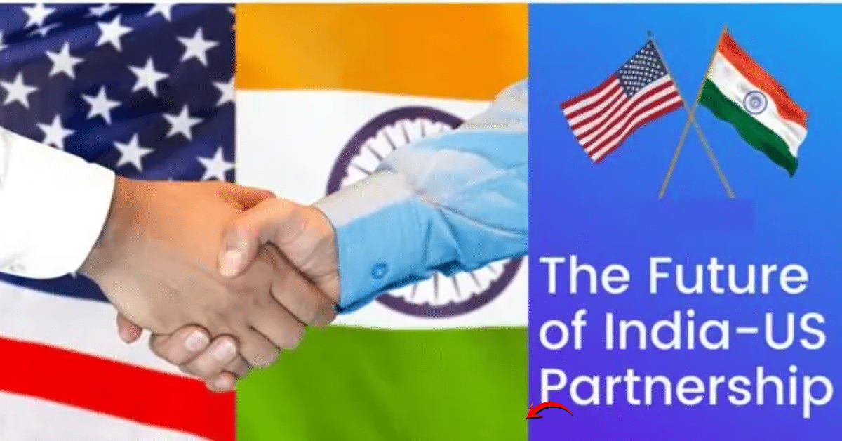 Handshake between representatives of the United States and India against blended US and Indian flags, symbolizing the future of the India–US partnership.