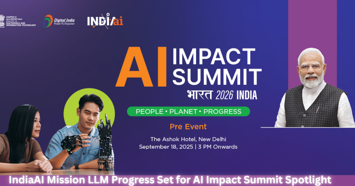 Banner for AI Impact Summit Bharat 2026 India, showcasing IndiaAI Mission, Digital India, and MeitY logos, with Prime Minister Narendra Modi, AI researchers, and robotics visuals highlighting people, planet, and progress.