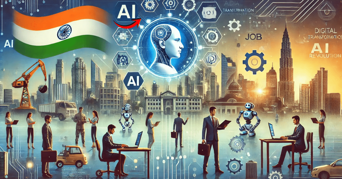 India’s tech workforce AI adoption enterprises lag as professionals and robots work with AI in a futuristic Indian cityscape under the national flag