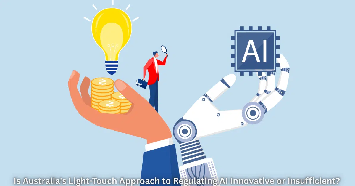 Illustration showing a human hand holding coins and a glowing lightbulb, while a robotic arm holds an AI chip, symbolizing the balance between innovation, investment, and AI regulation in Australia. Caption: