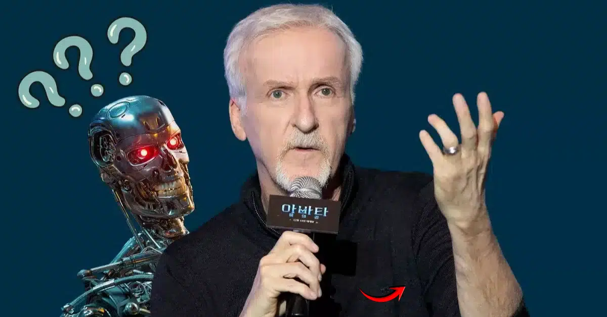 James Cameron expressing concern beside a lifelike AI-generated actor, highlighting his stance against generative AI performers.