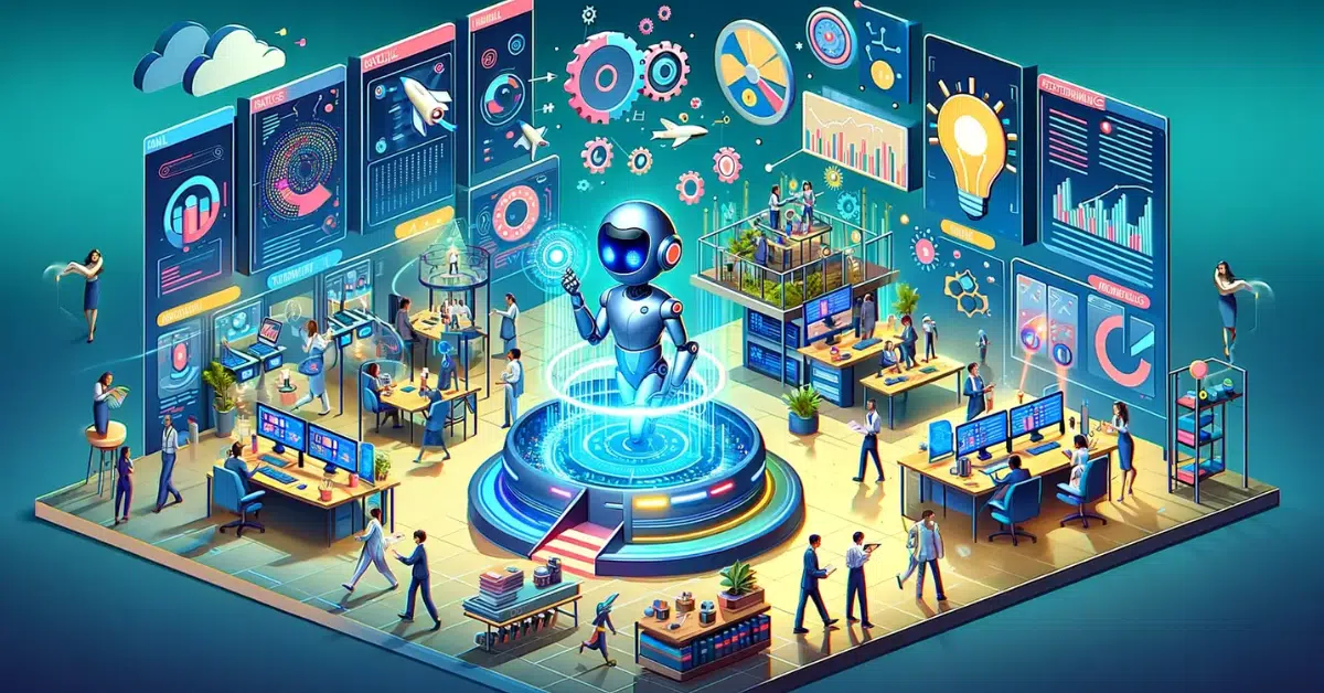Jamie Dimon soft skills AI future office: Team with emotional intelligence EQ collaborates amid AI job displacement, holographic displays