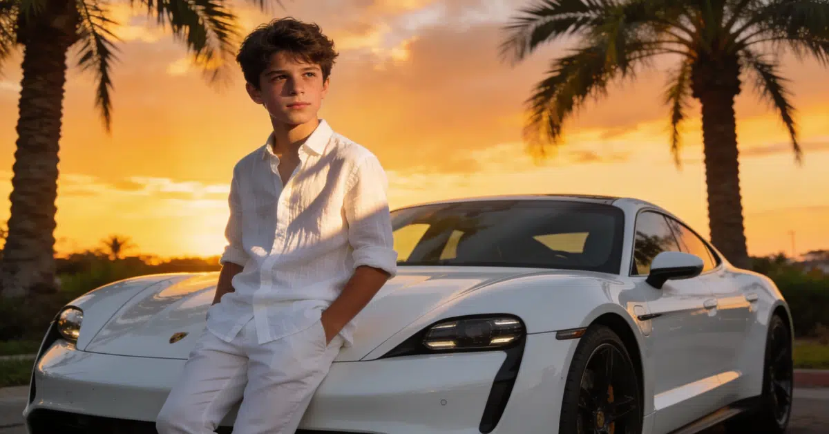 A full-body shot of a young man with wavy brown hair leaning against a white Bugatti outside a grand entrance. 