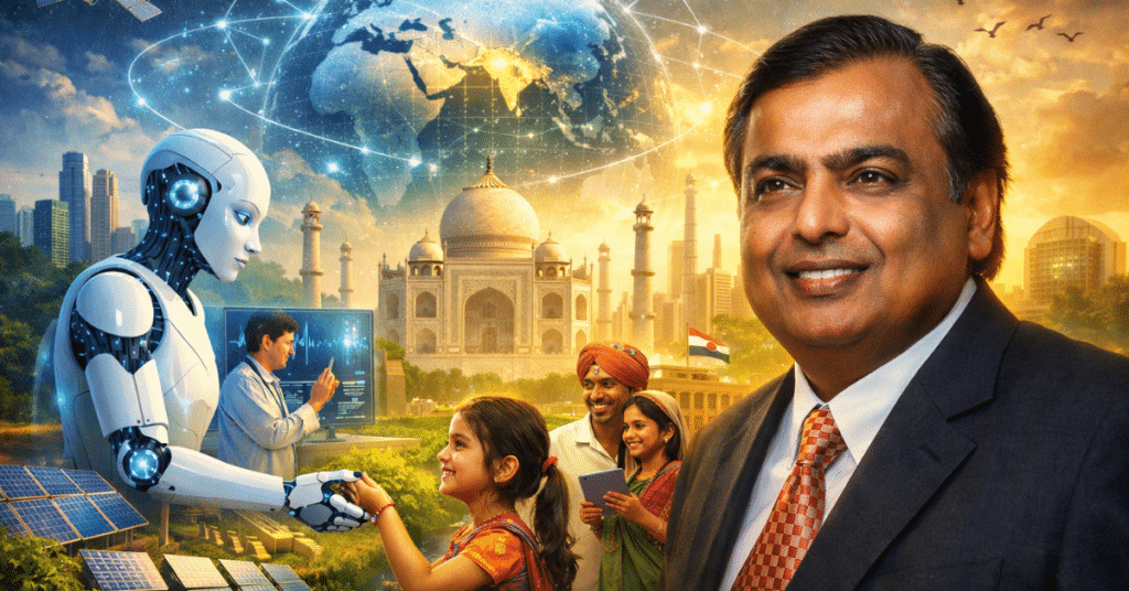 Mukesh Ambani representing India’s AI empathy vision, with artificial intelligence supporting healthcare, education, agriculture, and sustainable development through human-centered technology.