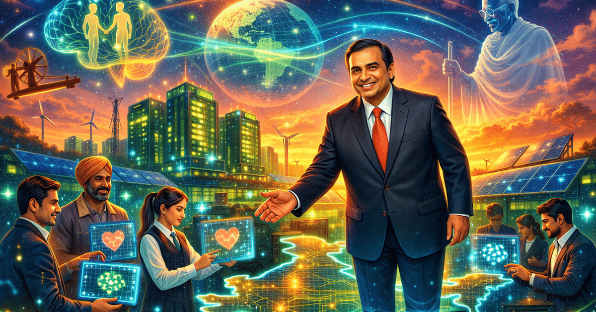 Mukesh Ambani standing on a glowing map of India, symbolizing AI empathy, green energy data centers, and India’s digital transformation through futuristic technology.