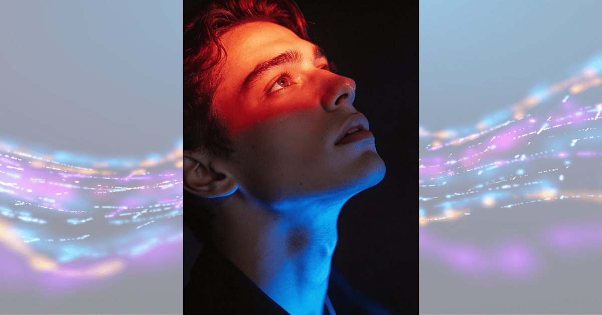 High-fashion profile portrait with red light on top face and blue neon on jawline, created using Google Gemini AI photo editing prompts