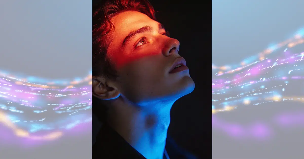 High-fashion profile portrait with red light on top face and blue neon on jawline, created using Google Gemini AI photo editing prompts