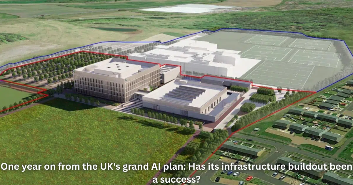 One year after the UK’s AI strategy launch, digital infrastructure growth is visualized with data centers, cloud networks, and AI innovation symbols across the UK map.