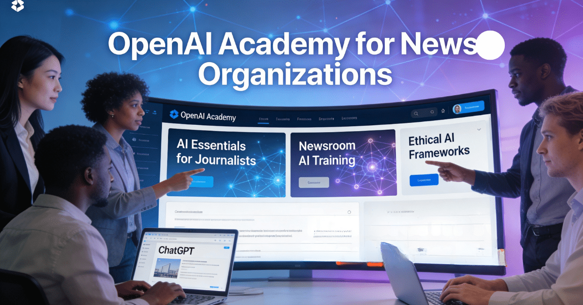 Modern newsroom dashboard displaying OpenAI Academy for news organizations with AI Essentials for Journalists modules and collaborative team using AI tools.