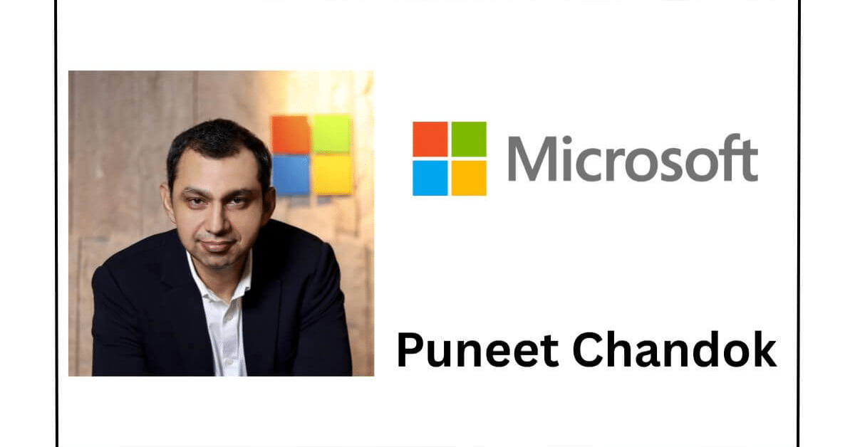 Puneet Chandok on holographic India map with AI networks, Copilot icons, and diverse users in cyberpunk style