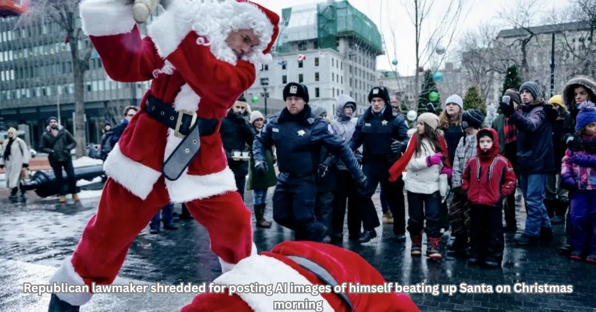 A staged scene showing a person dressed as Santa Claus raising a fist over another Santa lying on the ground, with police officers and a winter crowd watching in a city square.