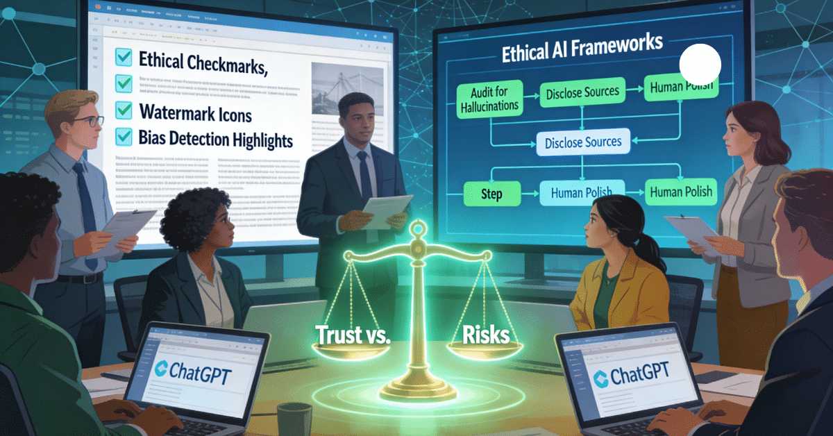 Journalists in newsroom applying responsible AI adoption with ethical AI frameworks, bias checks, and watermarking on AI-generated content screens. 
